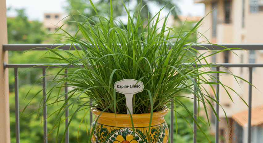 Capim-limão cultivado em vaso grande com folhas longas e finas, ideal para chás relaxantes e receitas asiáticas.