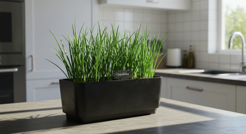 Cebolinha plantada em horta doméstica com boa iluminação, pronta para uso em omeletes e sopas.