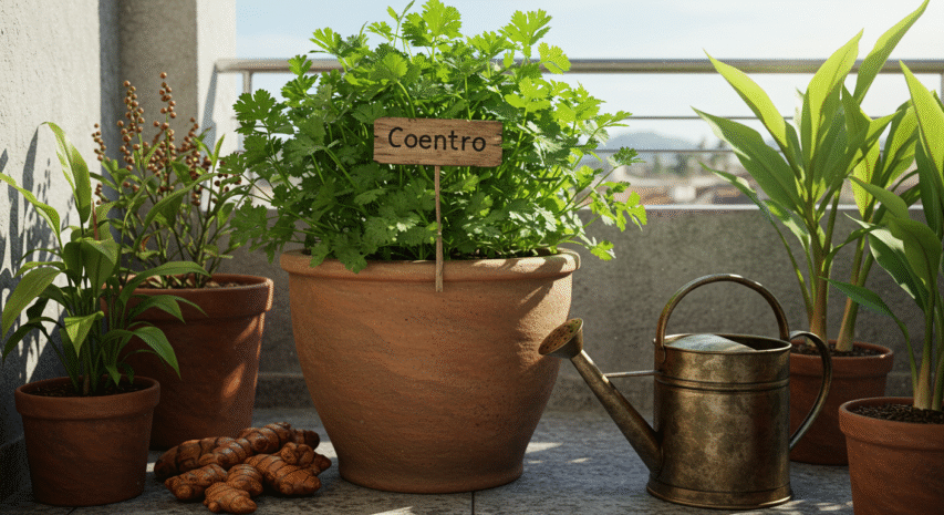 Coentro cultivado em vaso largo com solo úmido, perfeito para moquecas e pratos regionais.