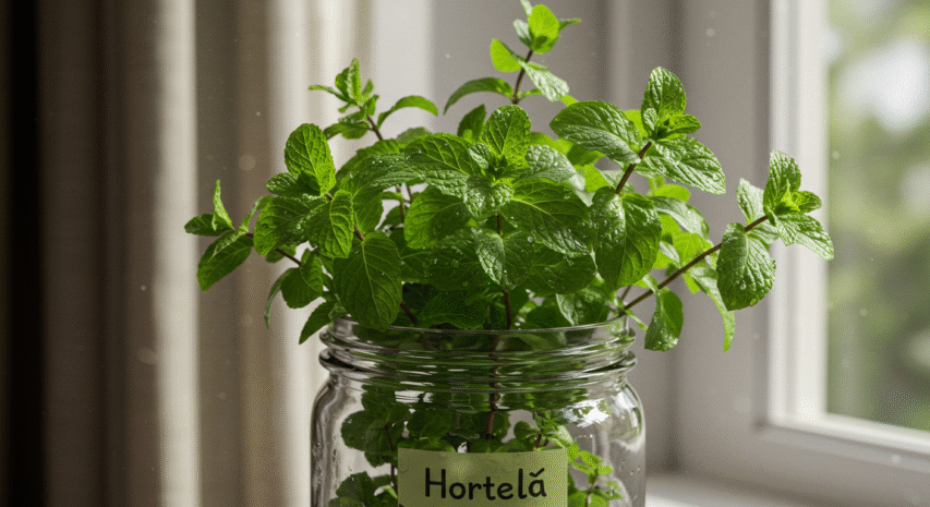 Hortelã fresca crescendo em recipiente reciclado, em ambiente interno com sombra parcial.