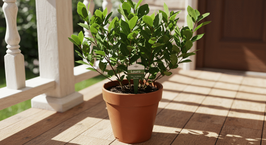 Louro plantado em vaso fundo com folhas aromáticas, perfeito para caldos e ensopados.