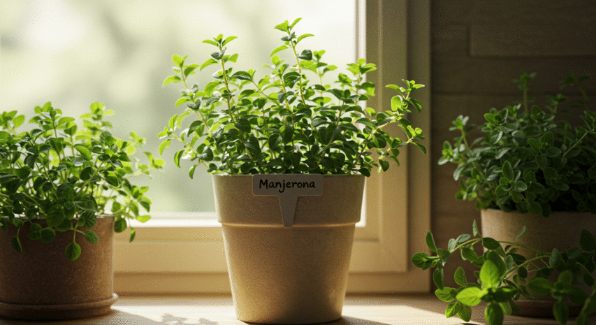 Manjerona cultivada em vaso iluminado com folhas verdes e sabor suave, ótima para caldos e recheios leves.