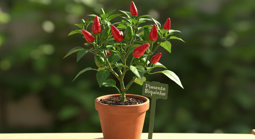 Pimenta biquinho crescendo em vaso com frutos vermelhos, ideal para conservas e vinagrete.