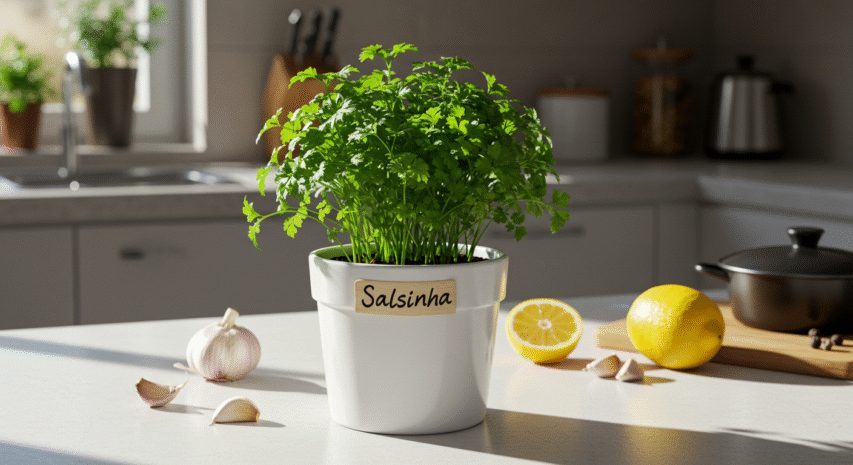Salsinha fresca plantada em vaso, perfeita para complementar pratos como saladas e molhos.
