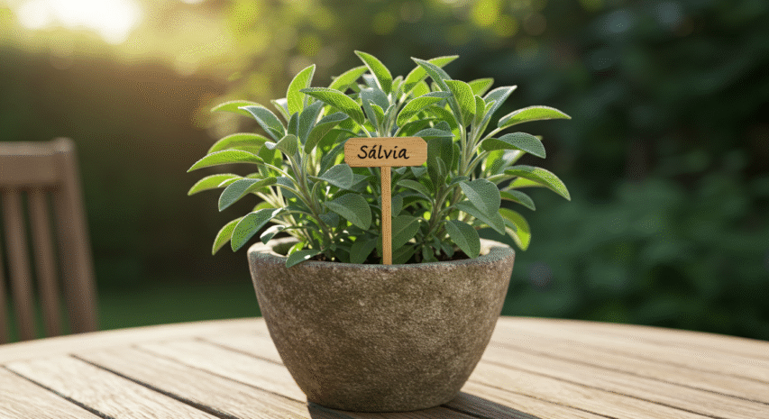Sálvia em vaso decorativo com folhas aveludadas, ideal para pratos com carne de porco e molhos.