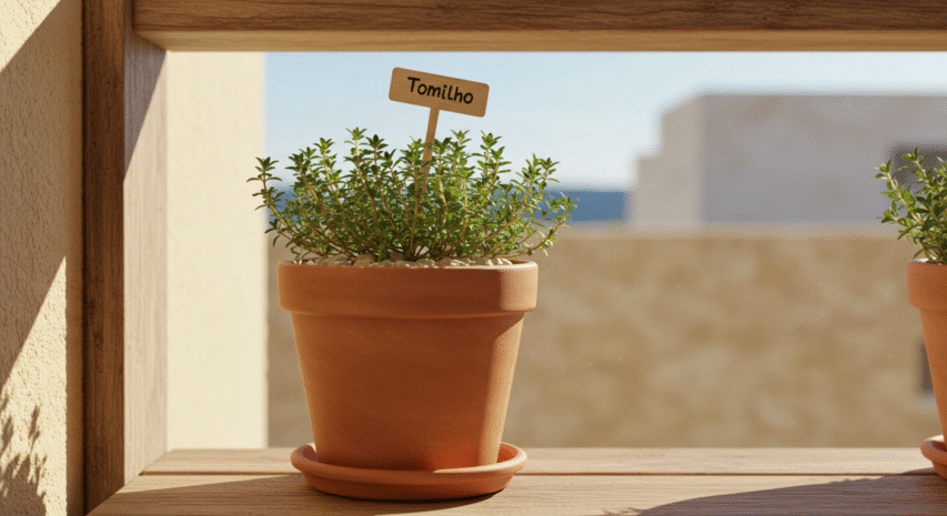 Tomilho cultivado em vaso rústico com bastante luz solar, ideal para carnes e marinadas.