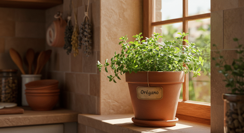 Orégano fresco em vaso de barro em janela ensolarada, ideal para pizzas e pratos italianos.