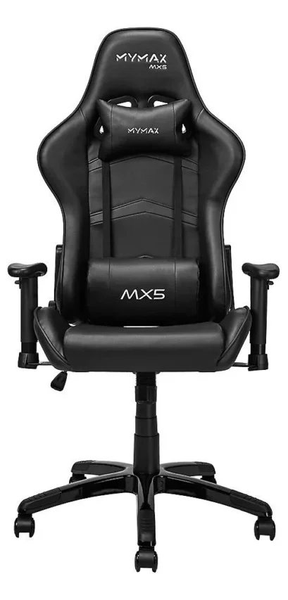 Cadeira ergonômica MYMAX MX5 em preto, destacando design moderno e conforto ideal para longas horas de trabalho ou jogos. Conheça as melhores cadeiras ergonômicas!
