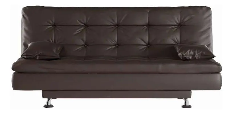 Sofá de couro sintético marrom com encosto capitonê e duas almofadas decorativas, com pernas elegantes para um design moderno.