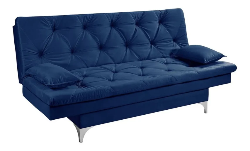 Sofá azul confortável e moderno, ideal para salas de estar, destacando-se entre os melhores sofás do mercado com design e qualidade.