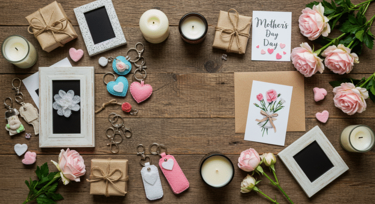Imagem de capa com ideias de presente de Dia das Mães DIY: chaveiros de feltro, velas artesanais, cartões feitos à mão e flores.