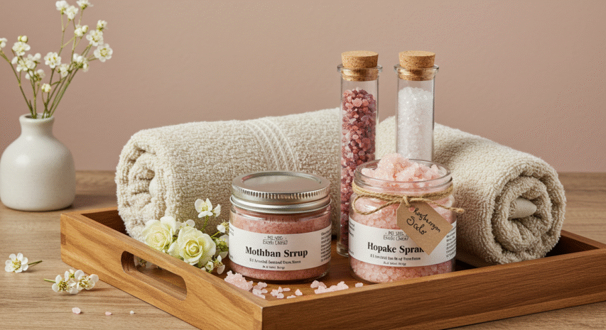 Kit spa caseiro feito à mão com esfoliante, sais de banho e toalhinha personalizada para presente de Dia das Mães.
