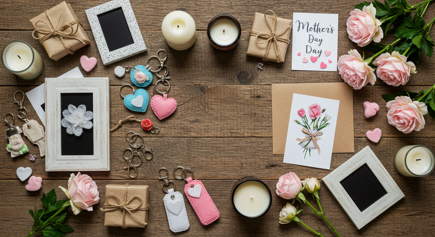 Imagem de capa com ideias de presente de Dia das Mães DIY: chaveiros de feltro, velas artesanais, cartões feitos à mão e flores.