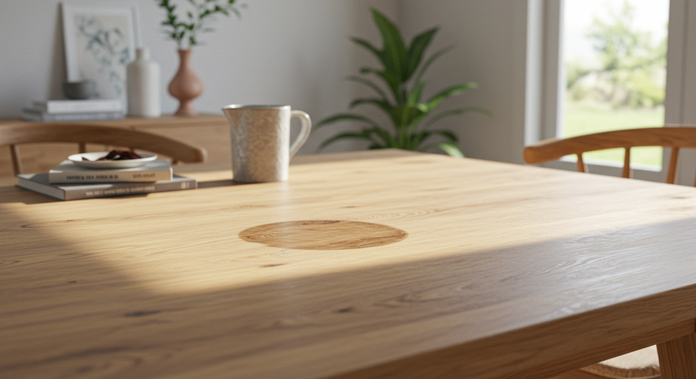 Dicas para como tirar mancha de madeira, mostrando uma mesa de madeira com uma mancha visível e uma cozinha moderna ao fundo.