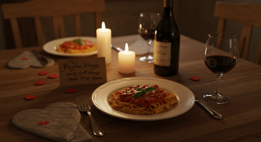 Jantar romântico feito em casa com decoração e cardápio personalizado como ideia de presentes DIY de dia dos namorados.