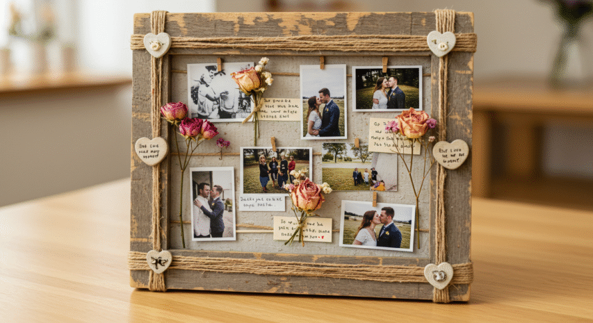 Porta-retrato decorativo com montagem de fotos e recados feito como presente DIY para o Dia dos Namorados.