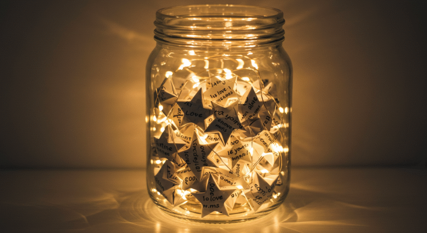 Luminárias de papel com frases românticas dentro de um recipiente de vidro, decoradas com luzes de Natal, sendo ideias para presentes DIY de Dia dos Namorados