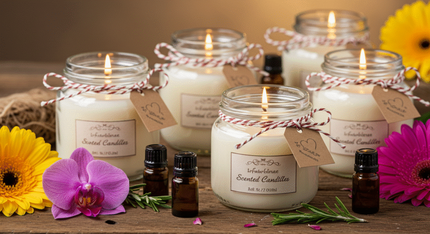 Velas artesanais decoradas com mensagens românticas como presente DIY para o Dia dos Namorados.