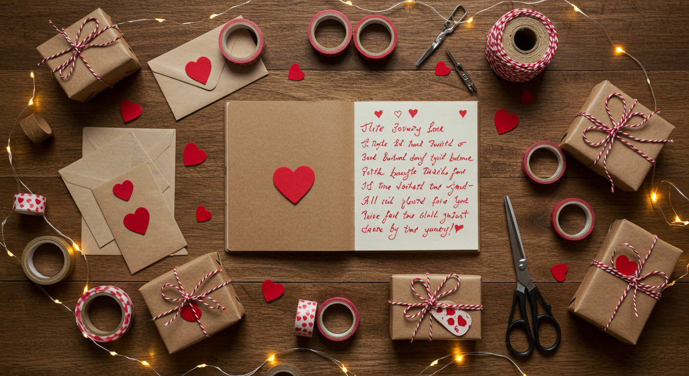 presentes DIY para Dia dos Namorados feitos à mão, incluindo álbum de fotos, cartas de amor e materiais de artesanato sobre mesa de madeira com luzes decorativas.