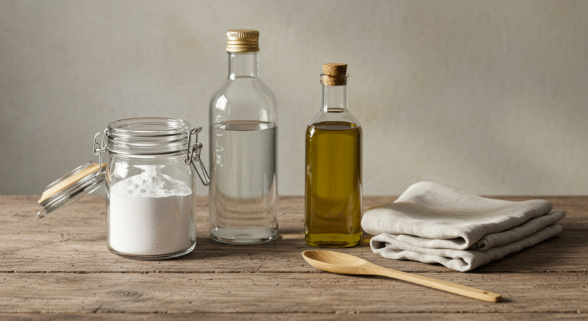 Produtos naturais e utensílios de limpeza para remover mancha de madeira, incluindo óleo, argila e panos de algodão, dispostos sobre mesa de madeira.
