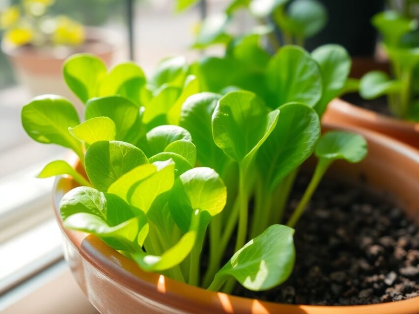 Plantas de alface crescendo em um vaso, com folhas verdes viçosas e bem cultivadas, ideal para hortas caseiras e alimentação saudável.