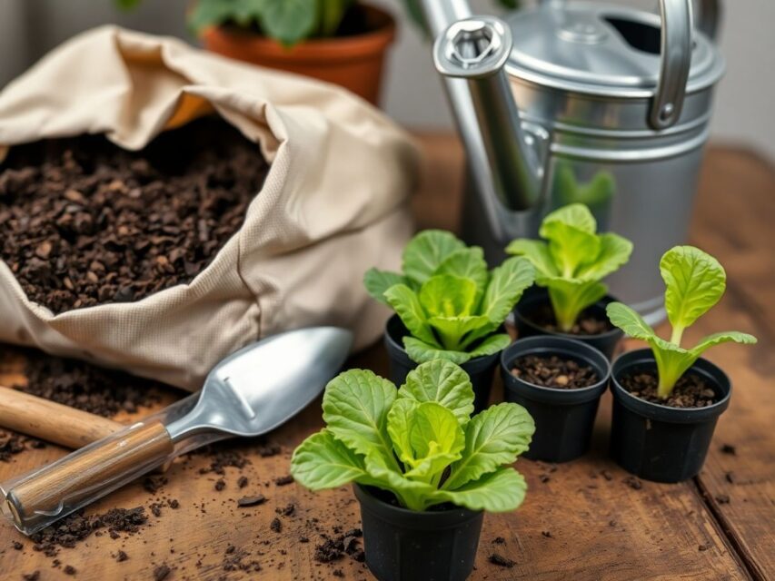 Mudas de alface crescendo em vasos para cultivo em casa, com ferramenta de jardinagem ao lado, ideal para quem deseja fazer hortas urbanas.