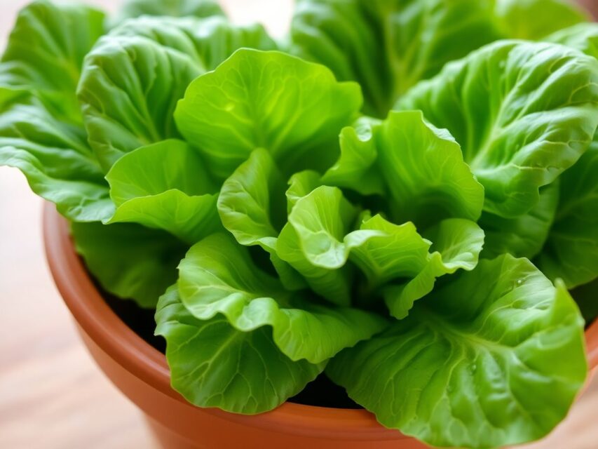Imagem de alface recém colhida em vaso de terra, destaque para as folhas verdes e crocantes, ideal para saladas e alimentação saudável.