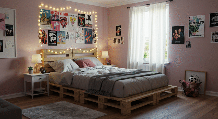 Quarto com cama de pallets e iluminação de pisca-pisca, decoração barata