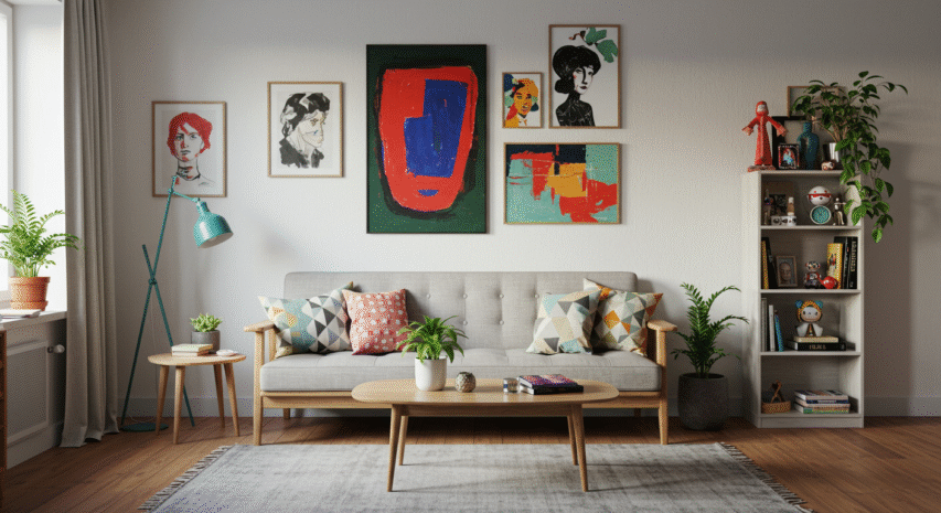 Sala decorada com opções acessíveis para decorar barato, incluindo quadros coloridos na parede, almofadas variadas, plantas e móveis econômicos