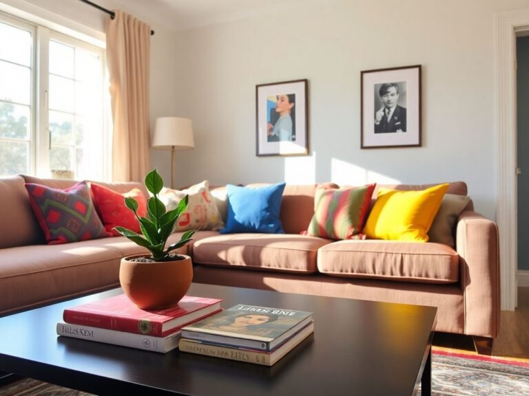Sala de estar decorada de forma econômica com almofadas coloridas, plantas em vasos e quadros na parede, mostrando dicas de decoração barata e acessível.