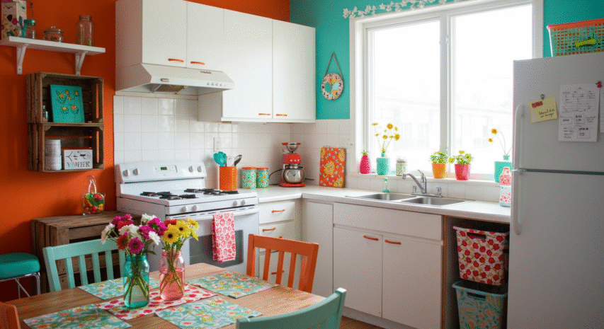 Decoração de cozinha com pouco dinheiro usando objetos coloridos, flores em vasos, e detalhes simples que deixam o ambiente aconchegante e bonito.
