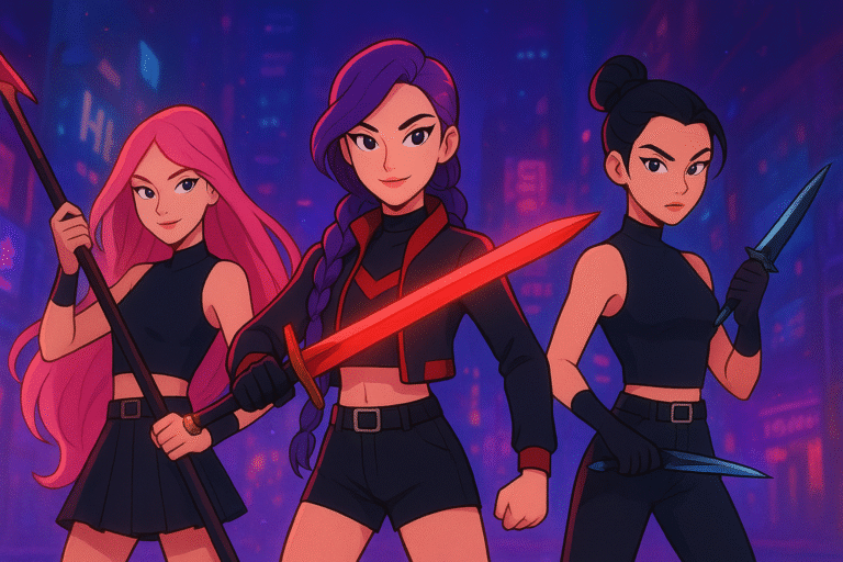 Ilustração de três guerreiras do K-pop com armas futurísticas, vestuário estiloso e postura de força, representando poder e determinação.