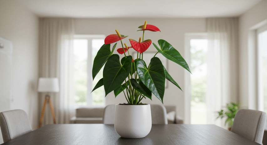 Antúrio, ideal para purificar o ar e melhorar a qualidade do ambiente interno, destacando folhas verdes e flores vermelhas em um vaso branco
