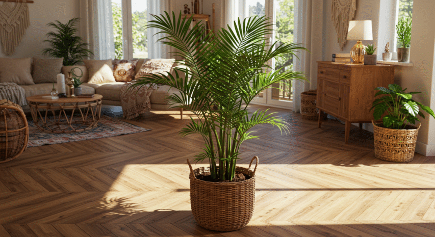 Areca-bambu em cesto de palha em sala iluminada com decoração boho.