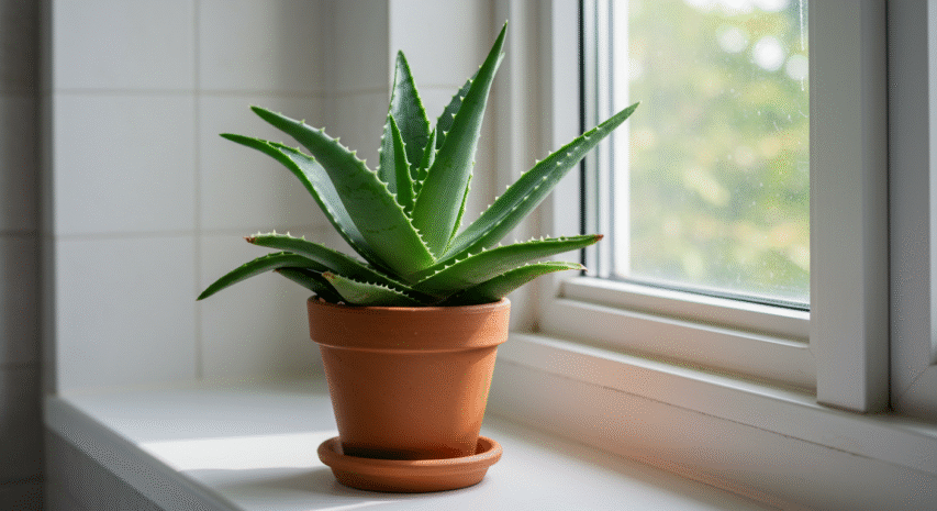 Aloe vera em vaso de barro colocada em janela bem iluminada, ideal para melhorar a qualidade do ar em ambientes internos.