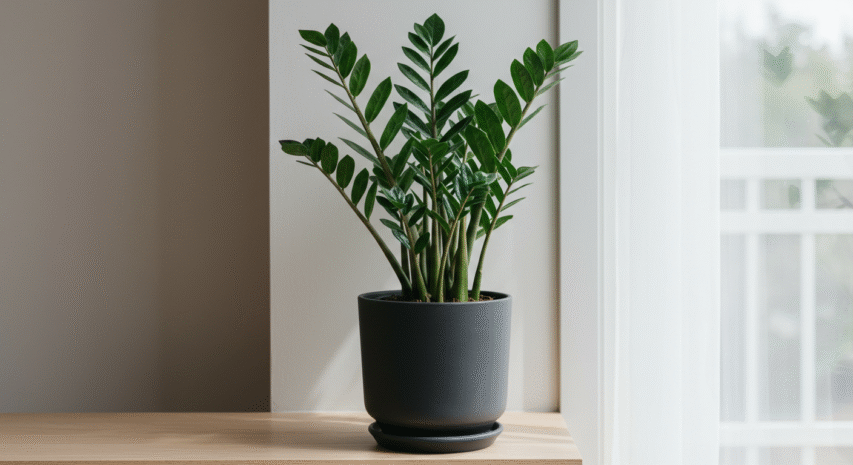 Planta de interior em vaso preto, colocada próximo à janela, ajuda a melhorar o ar com plantas e decorar ambientes com elegância.