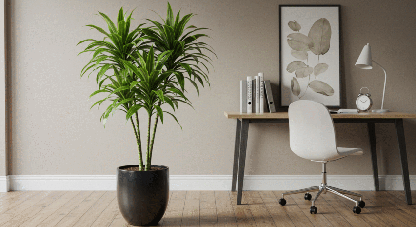 Dracena uma planta que purifica o ar ao lado de uma mesa de escritório moderna, ideal para ambientes internos que precisam de mais qualidade do ar.