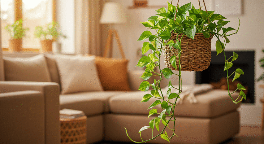 Jiboia suspensa com folhas verdes vibrantes decorando uma sala aconchegante, ideal para melhorar o ar com plantas e criar um ambiente mais saudável.