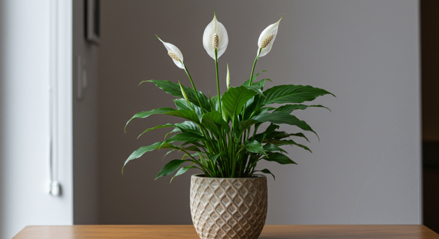 Lírio-da-paz com folhas verdes e flores brancas em vaso decorativo sobre mesa de madeira.