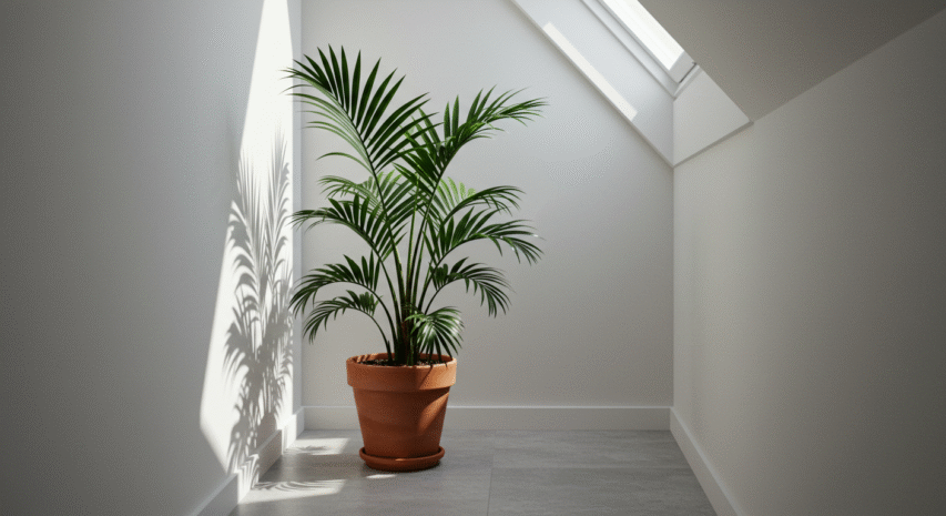 Palmeira-ráfia em vaso de barro em canto sombreado com decoração minimalista.