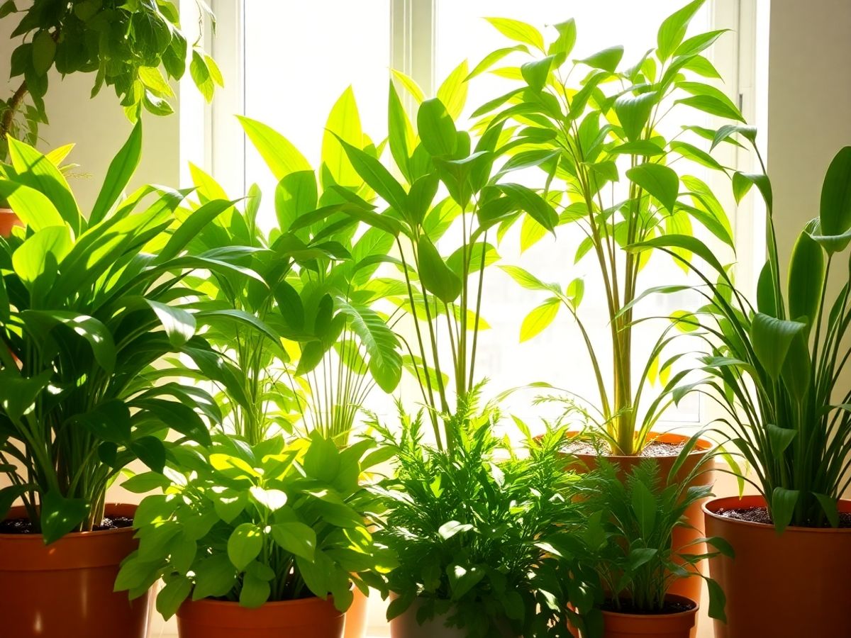 Diversas plantas que purificam o ar em vasos de barro colocados perto de uma janela, melhorando a qualidade do ar e a decoração de ambientes internos.
