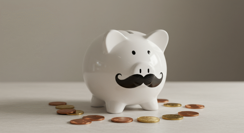 Cofrinho com bigode decorativo em fotografia de presente para o Dia dos Pais.