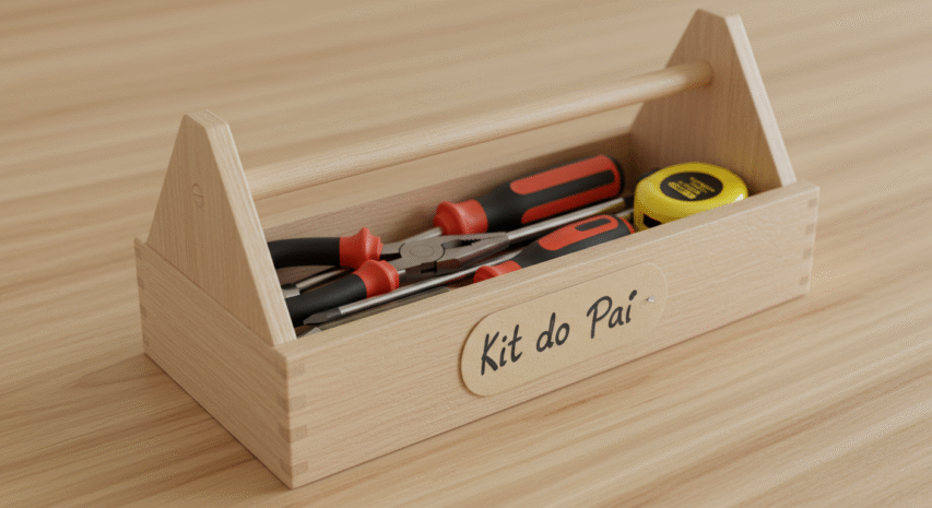 Caixa de ferramentas com ferramentas variadas, ideal para montar um presente DIY para o Dia dos Pais, em um ambiente de trabalho organizado.