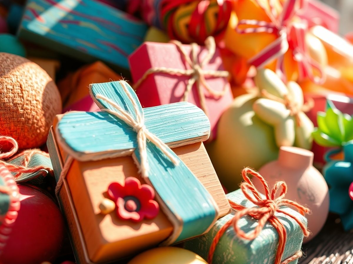 Diversos presentes de dia dos pais feitos com técnicas de DIY, incluindo caixas decoradas com fitas e enfeites coloridos, prontos para surpreender seu pai.