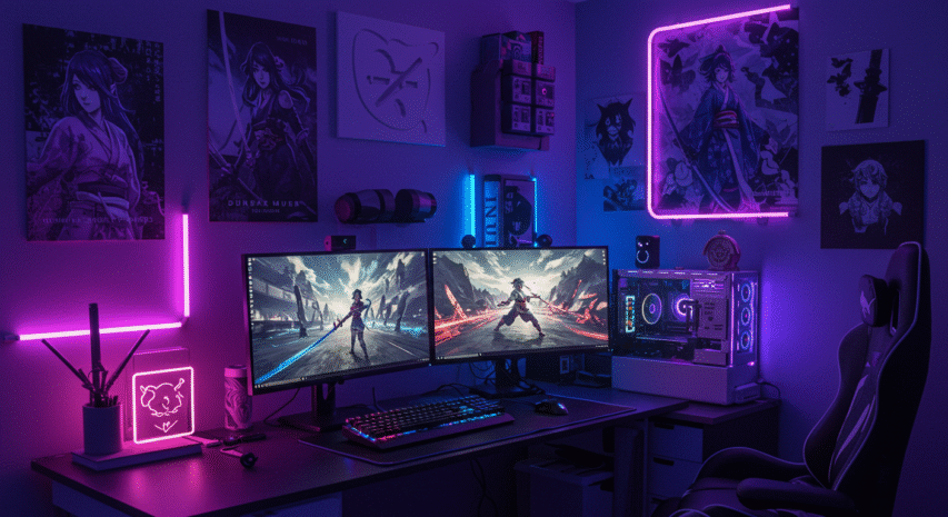 Setup gamer neon inspirado em KPop Demon Hunters com pôsteres das personagens e iluminação roxa, rosa e azul.