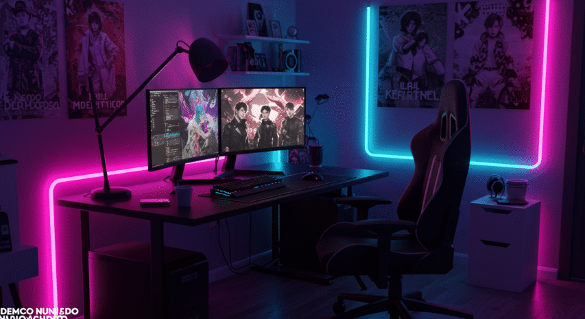 Setup gamer moderno inspirado no filme K-Pop Demon Hunters da Netflix, com luzes neon rosa, roxo e azul, dois monitores, cadeira gamer preta e decoração futurista.