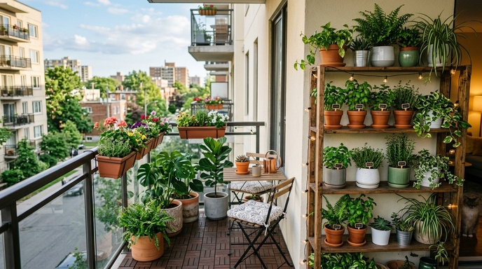 Varanda de apartamento com mini horta organizada em prateleiras