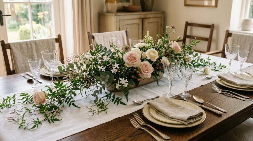 Arranjo de flores baixo e horizontal para mesa de jantar finalizado