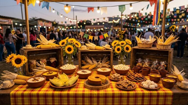 Mesa de festa junina decorada com girassóis, espigas de milho, caixotes de madeira e toalha de chita