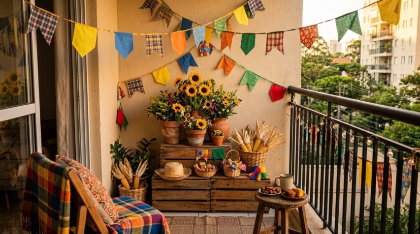 Decoração junina para casa com girassóis, bandeirinhas e vasos de barro em varanda decorada
